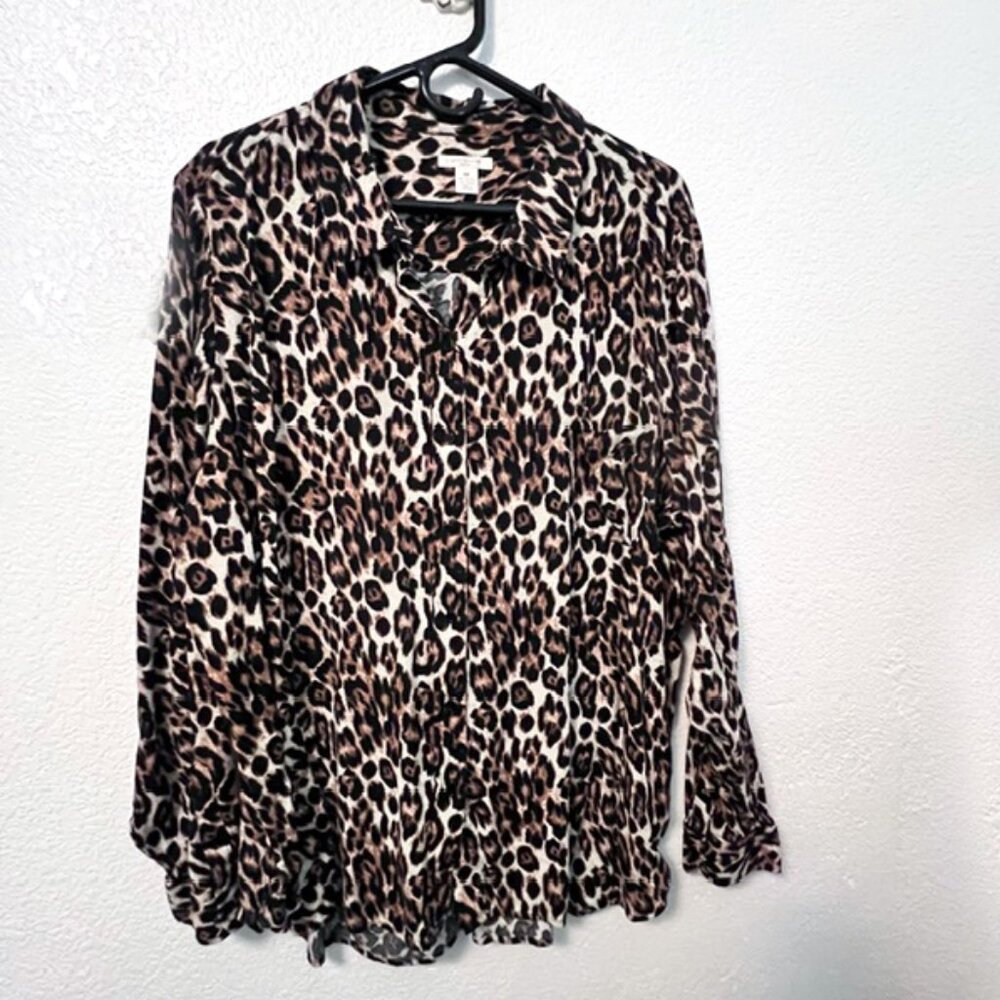 Westbound Woman Button-down Tunic, Leopard Print, Long Sleeve Plus Size 3X